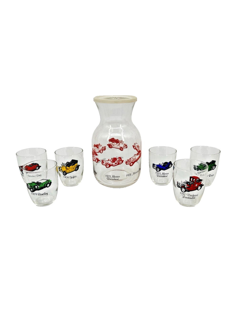 Northwestern Bottle Co Classic Car Carafe and 6 Juice Glass Set Vintage in Box